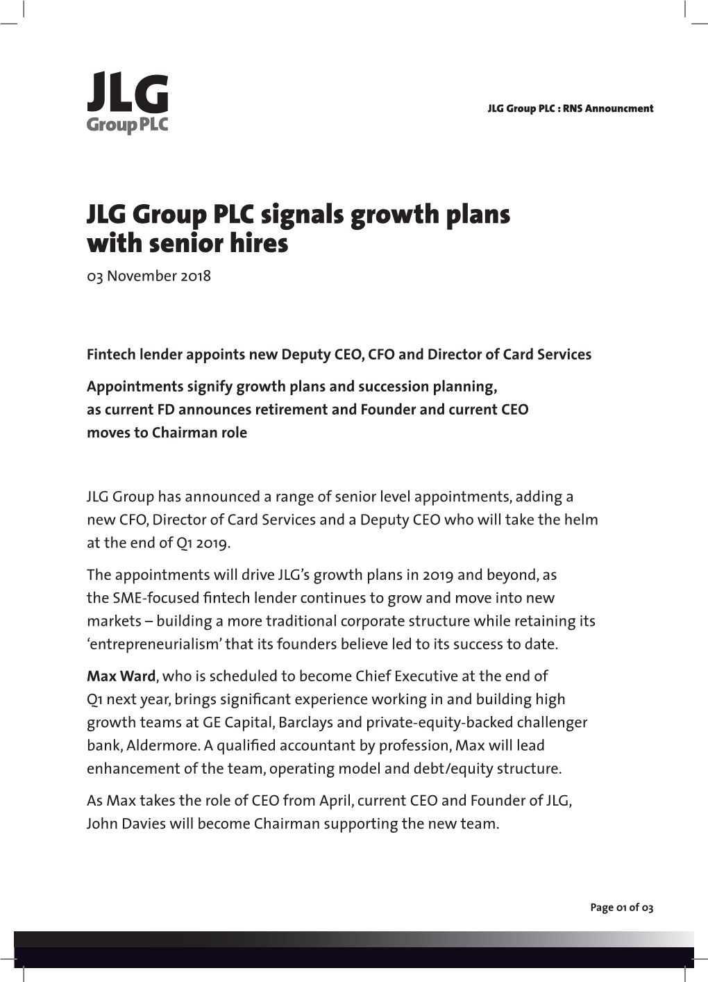JLG Group PLC Signals Growth Plans with Senior Hires 03 November 2018