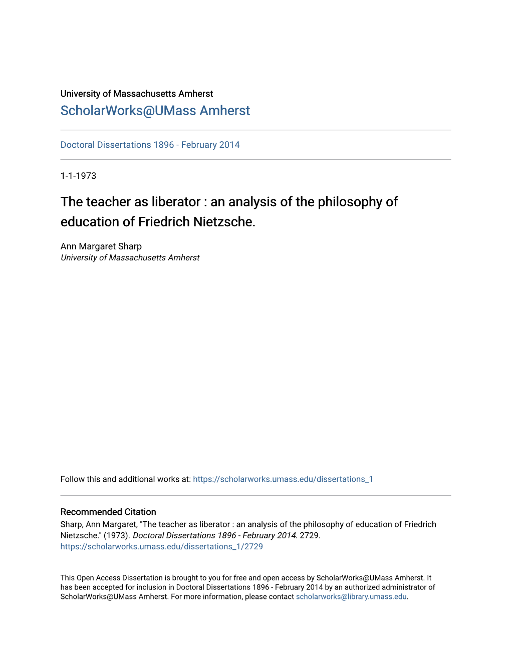 The Teacher As Liberator : an Analysis of the Philosophy of Education of Friedrich Nietzsche