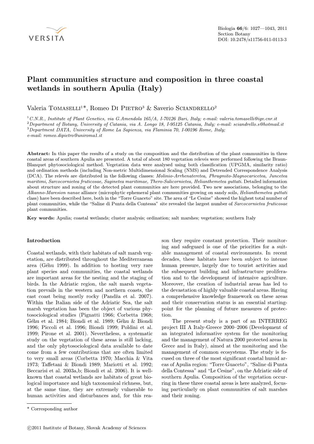 Plant Communities Structure and Composition in Three Coastal Wetlands in Southern Apulia (Italy)