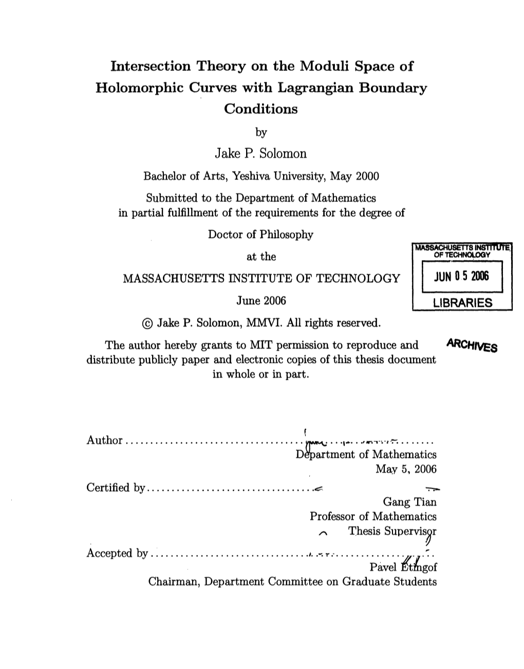 Intersection Theory on the Moduli Space of Holomorphic Curves with Lagrangian Boundary Conditions by Jake P