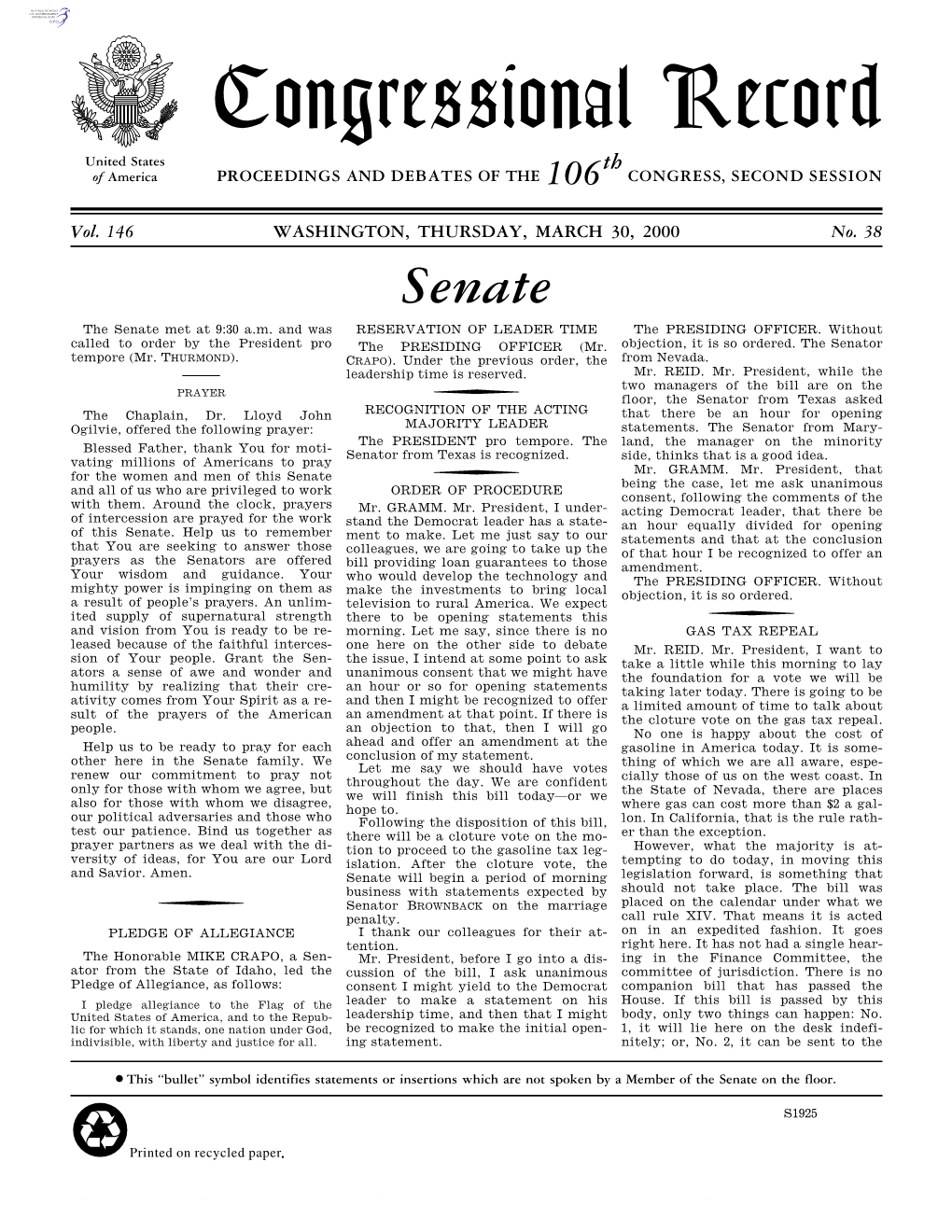 Congressional Record United States Th of America PROCEEDINGS and DEBATES of the 106 CONGRESS, SECOND SESSION