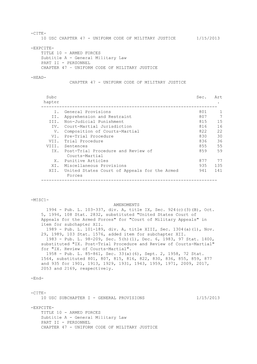 10 Usc Chapter 47 - Uniform Code of Military Justice 1/15/2013