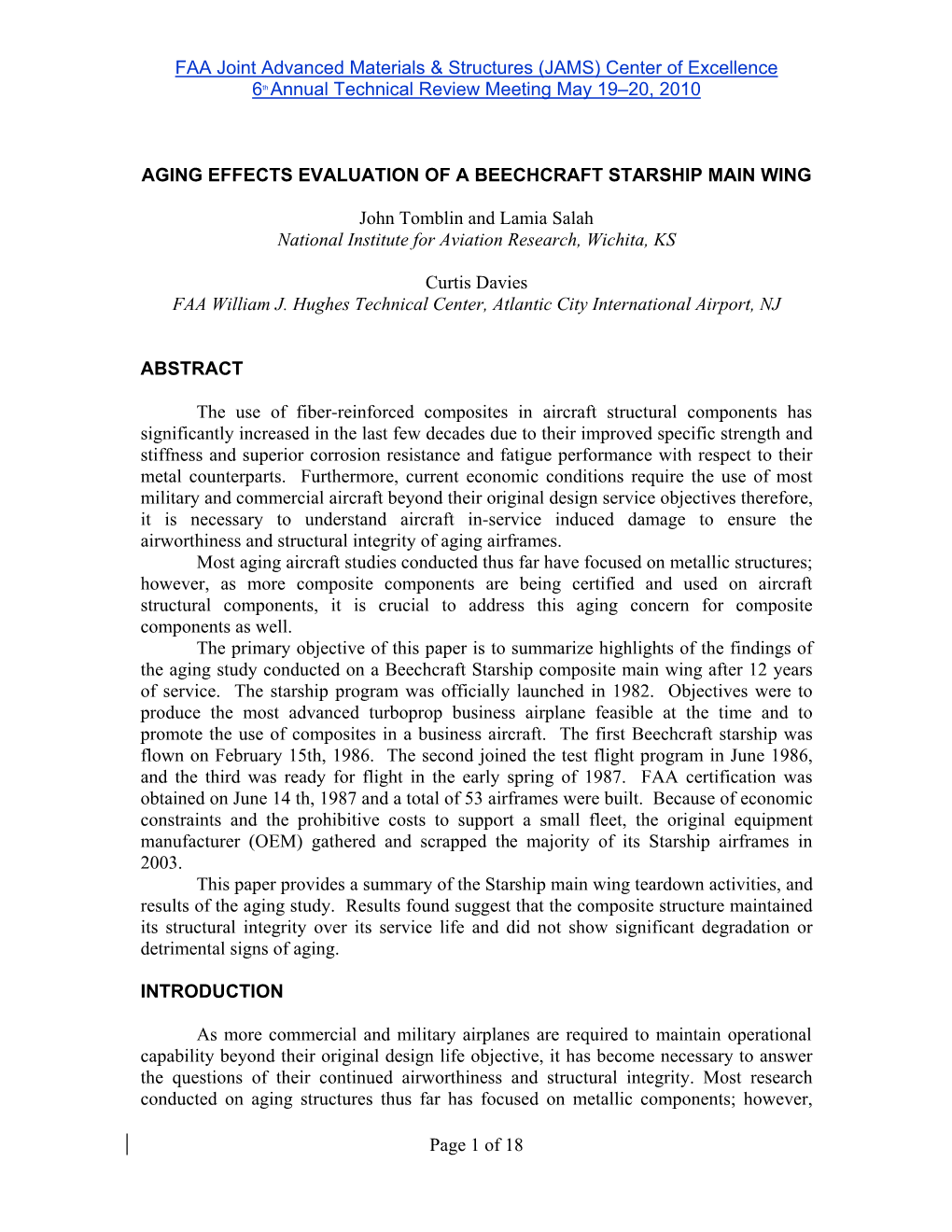 FAA Joint Advanced Materials & Structures (JAMS) Center Of