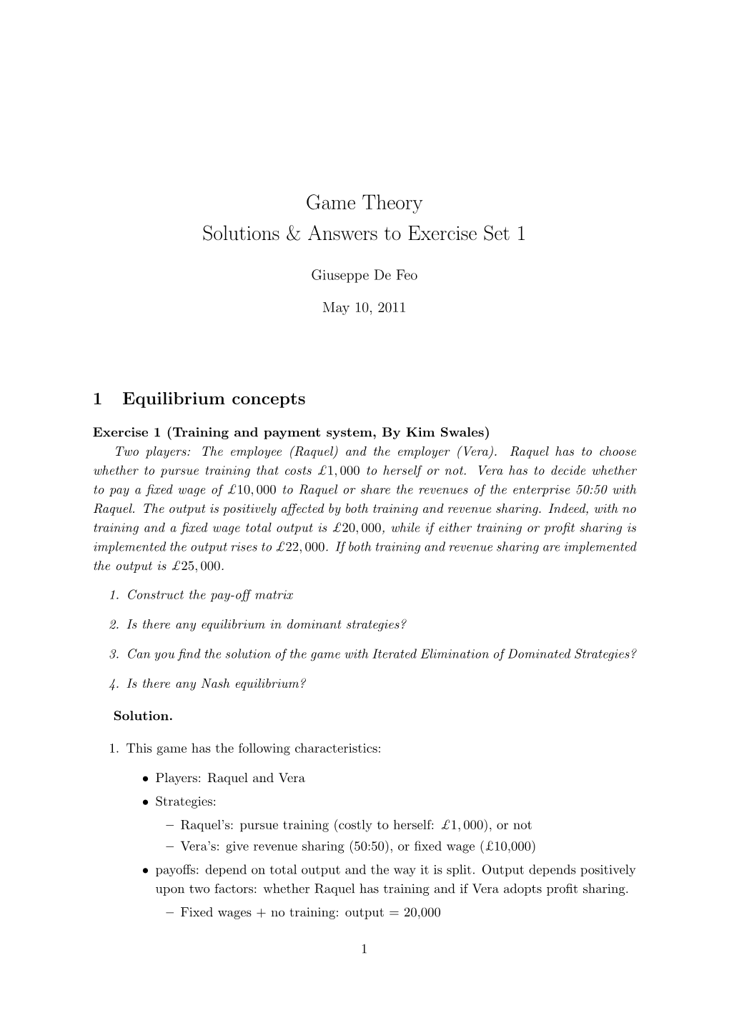 Game Theory Solutions & Answers to Exercise Set 1