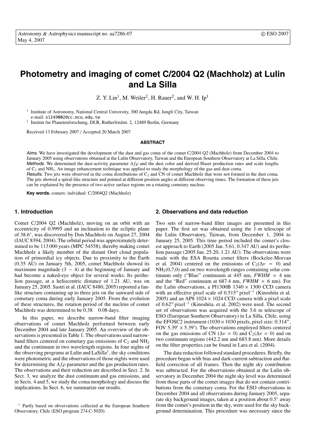 Photometry and Imaging of Comet C/2004 Q2 (Machholz) at Lulin and La Silla