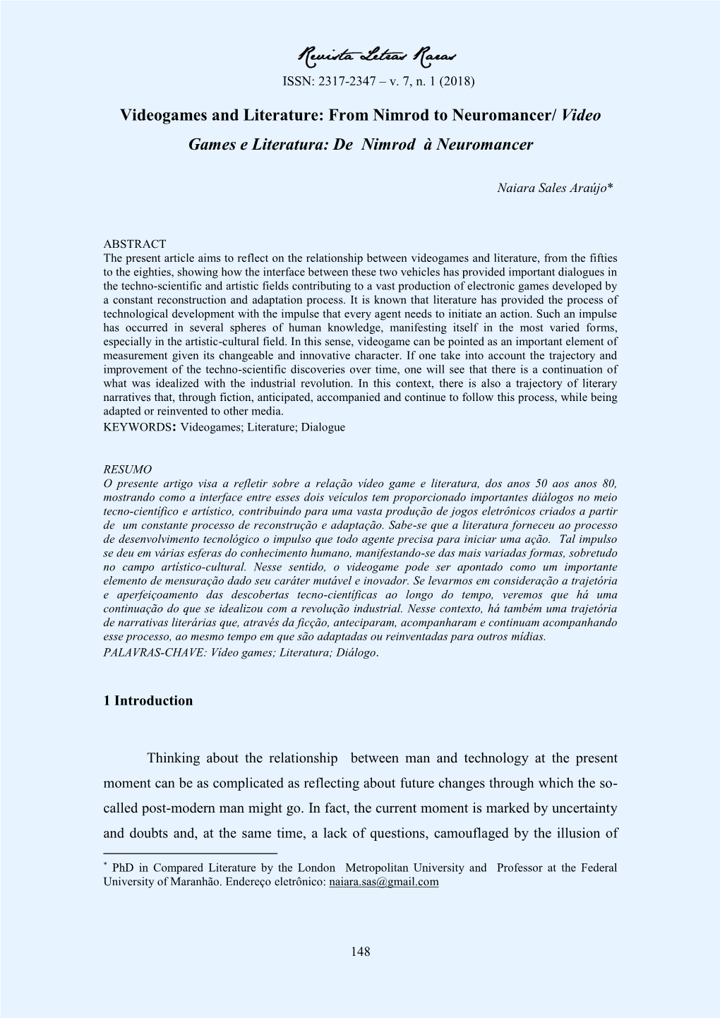 Videogames and Literature: from Nimrod to Neuromancer/ Video Games E Literatura: De Nimrod À Neuromancer