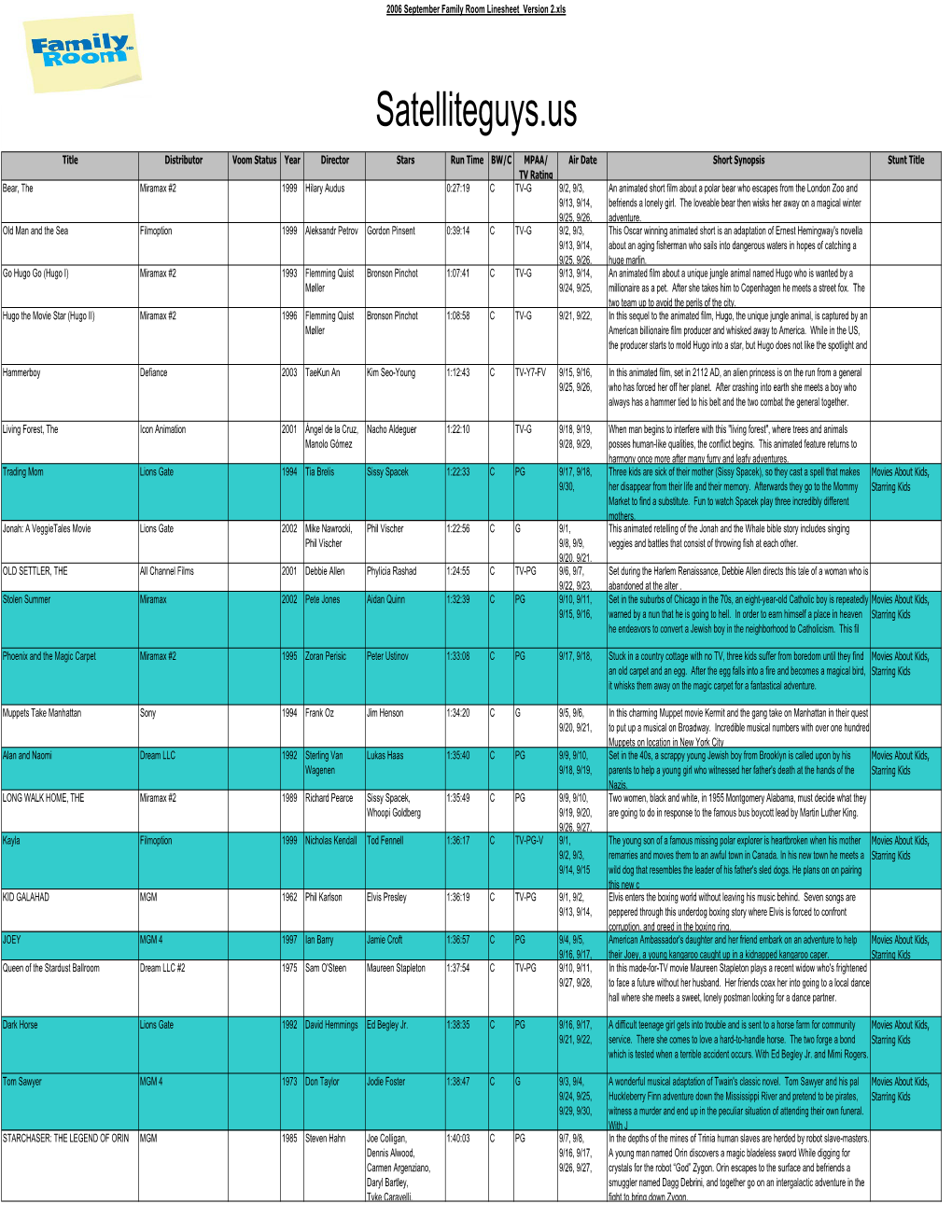 2006 September Family Room Linesheet Version 2.Xls