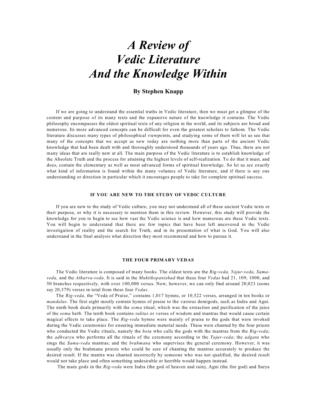 A Review of Vedic Literature and the Knowledge Within