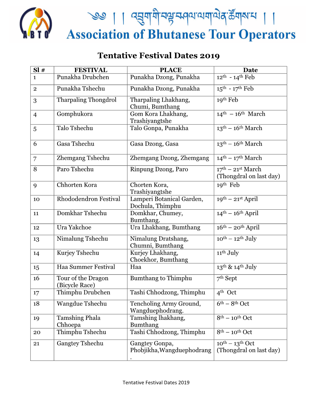 Tentative Festival Dates 2019