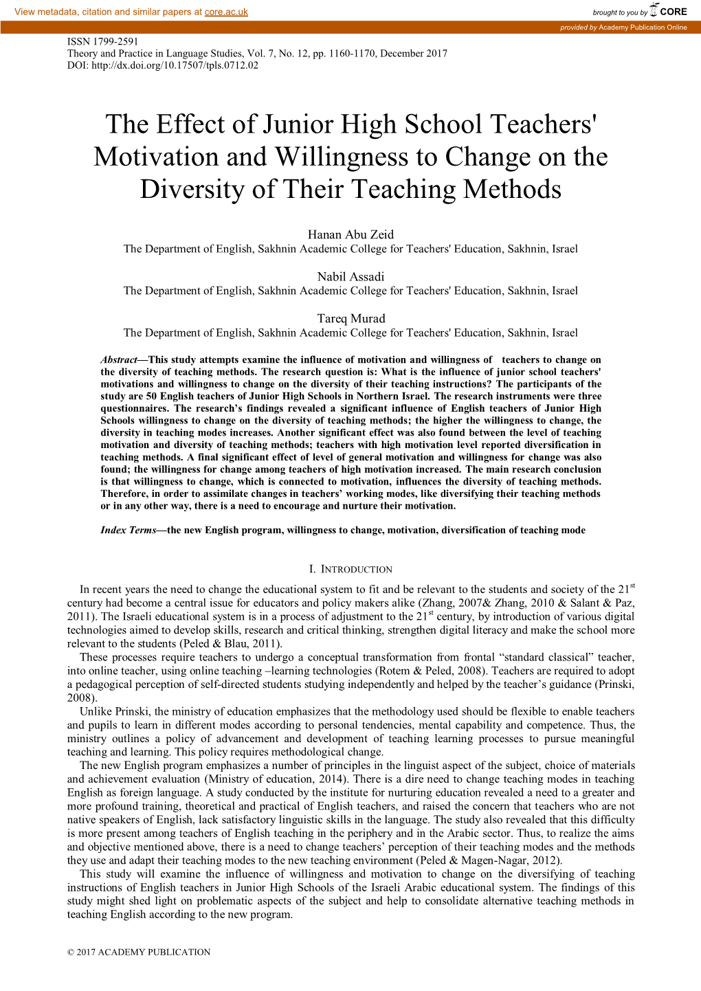 The Effect of Junior High School Teachers' Motivation and Willingness to Change on the Diversity of Their Teaching Methods