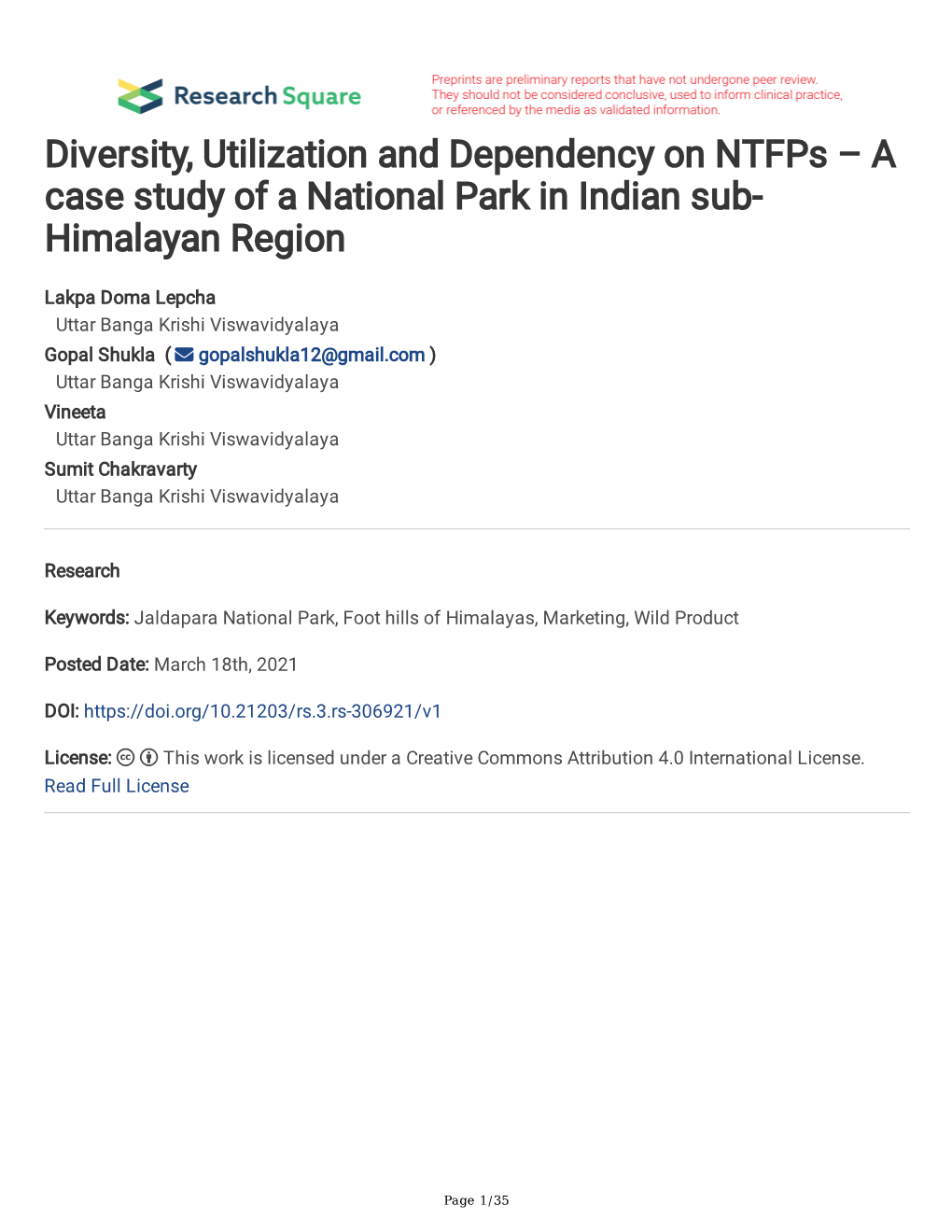 Diversity, Utilization and Dependency on Ntfps – a Case Study of a National Park in Indian Sub- Himalayan Region