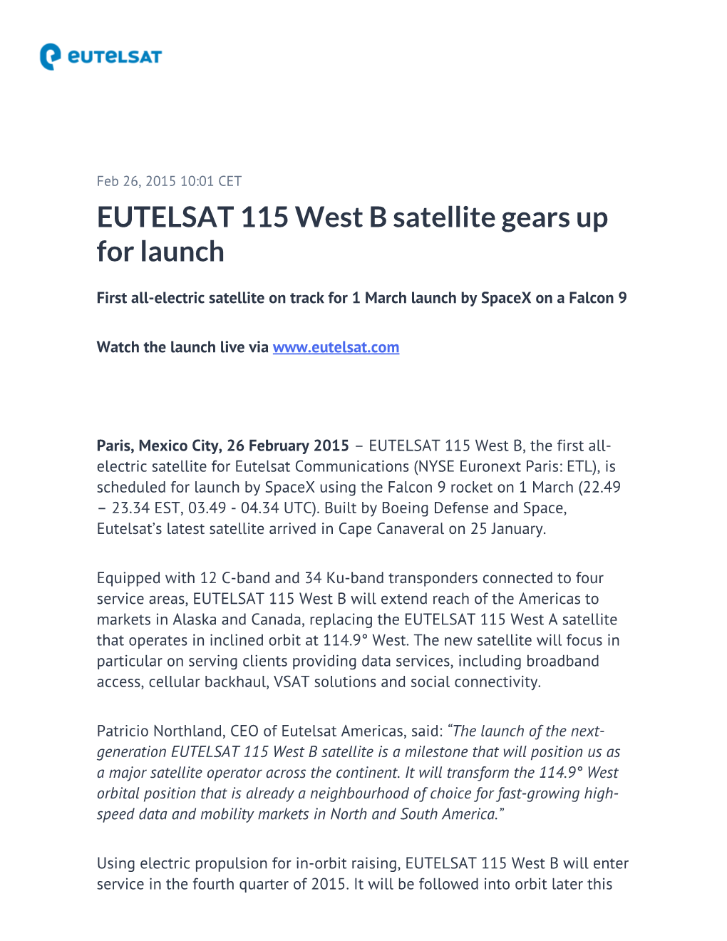 EUTELSAT 115 West B Satellite Gears up for Launch