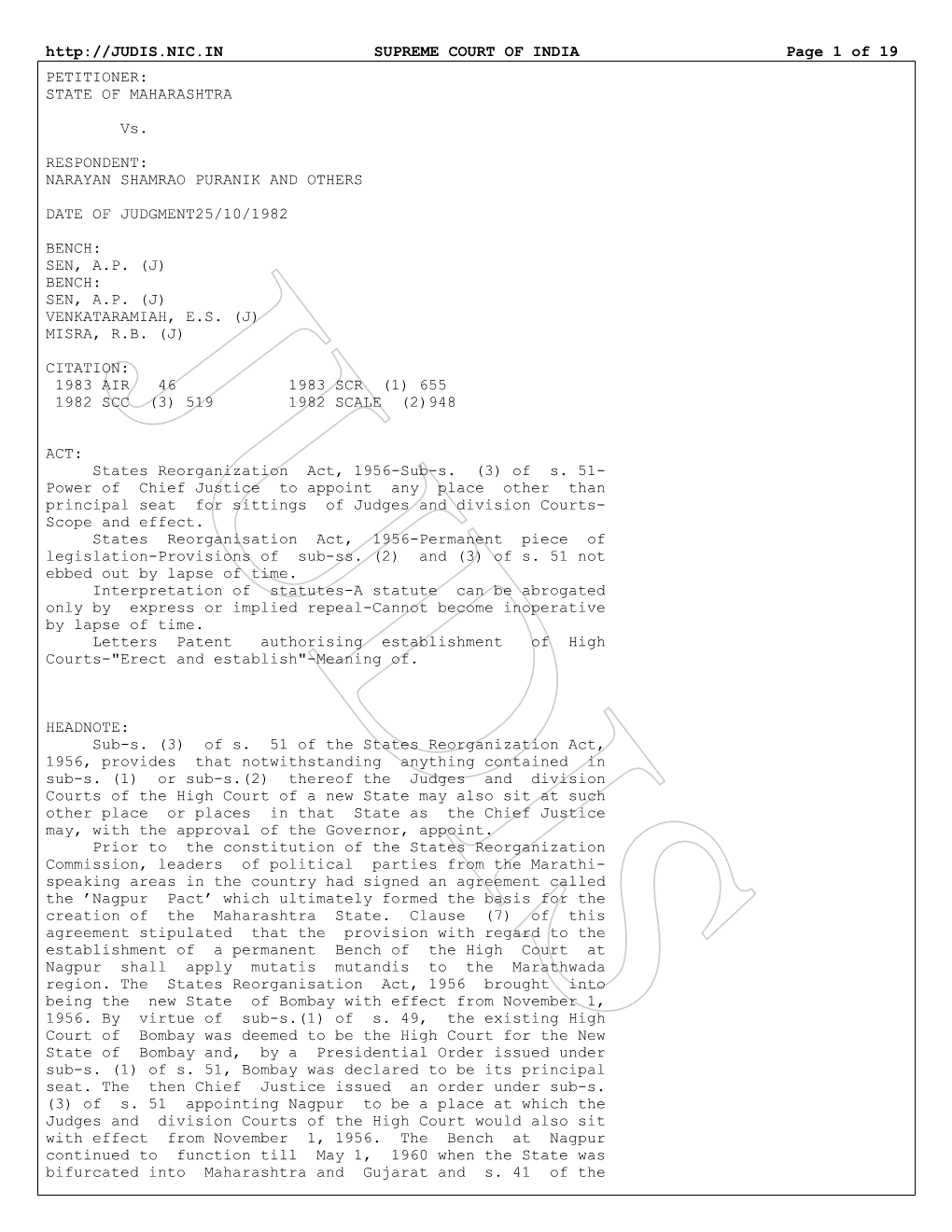 SUPREME COURT of INDIA Page 1 of 19 PETITIONER: STATE of MAHARASHTRA