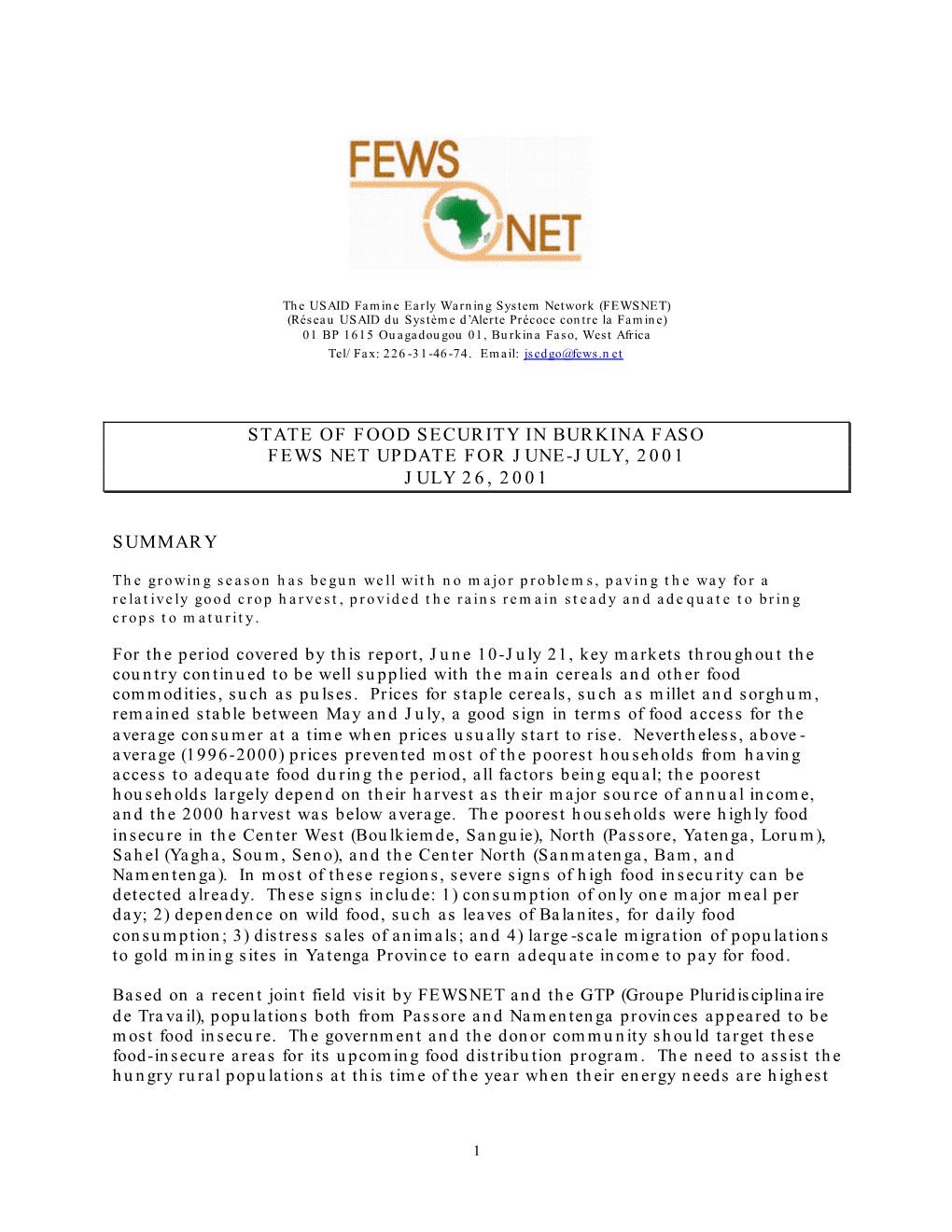 State of Food Security in Burkina Faso Fews Net Update for June-July, 2001 July 26, 2001