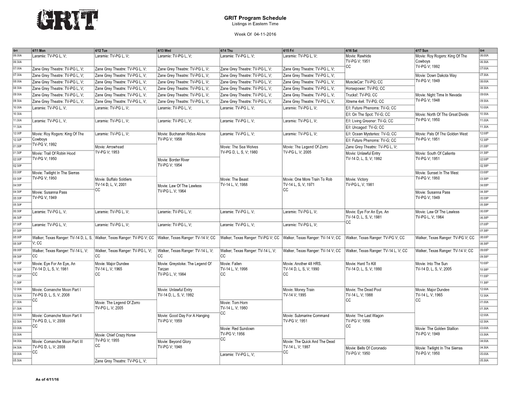 GRIT Program Schedule Listings in Eastern Time