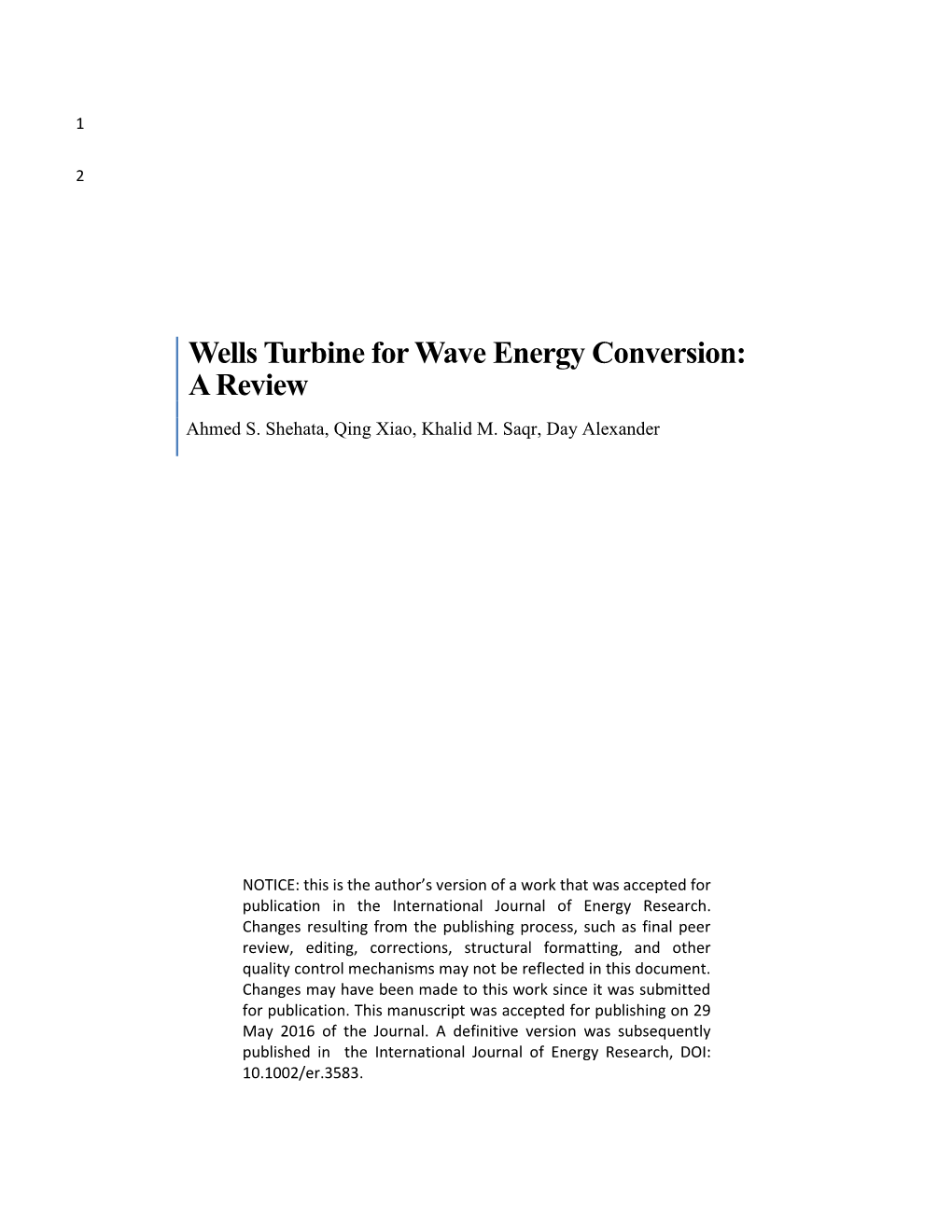 Wells Turbine for Wave Energy Conversion: a Review Ahmed S