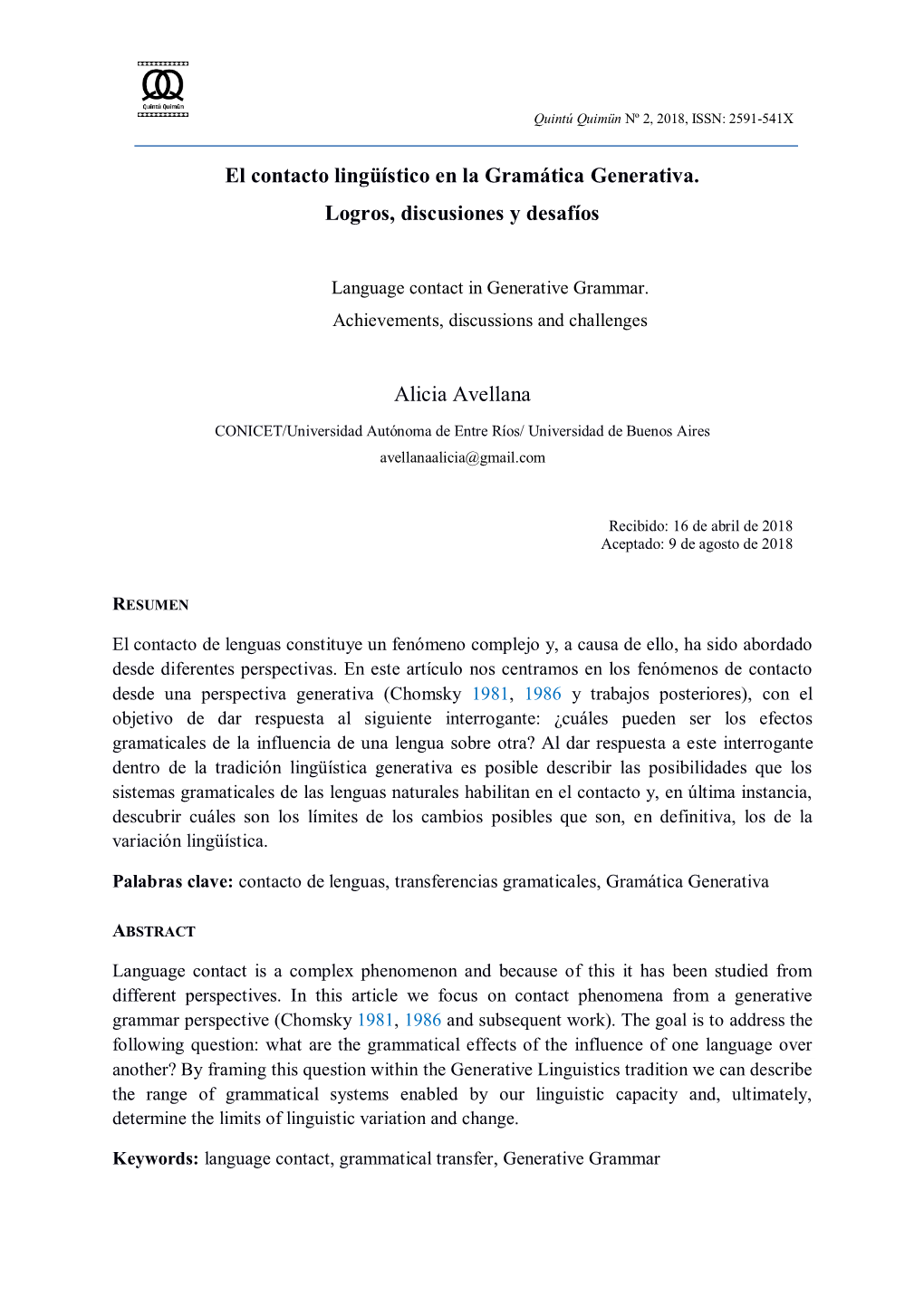 El Contacto Lingüístico En La Gramática Generativa. Logros, Discusiones Y Desafíos