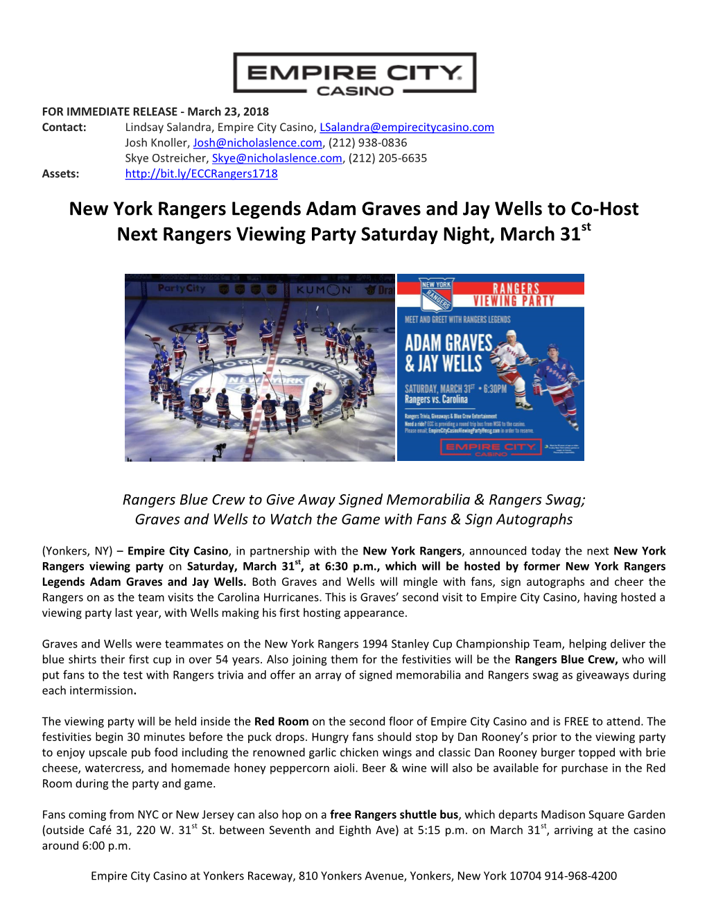 New York Rangers Legends Adam Graves and Jay Wells to Co-Host Next Rangers Viewing Party Saturday Night, March 31St
