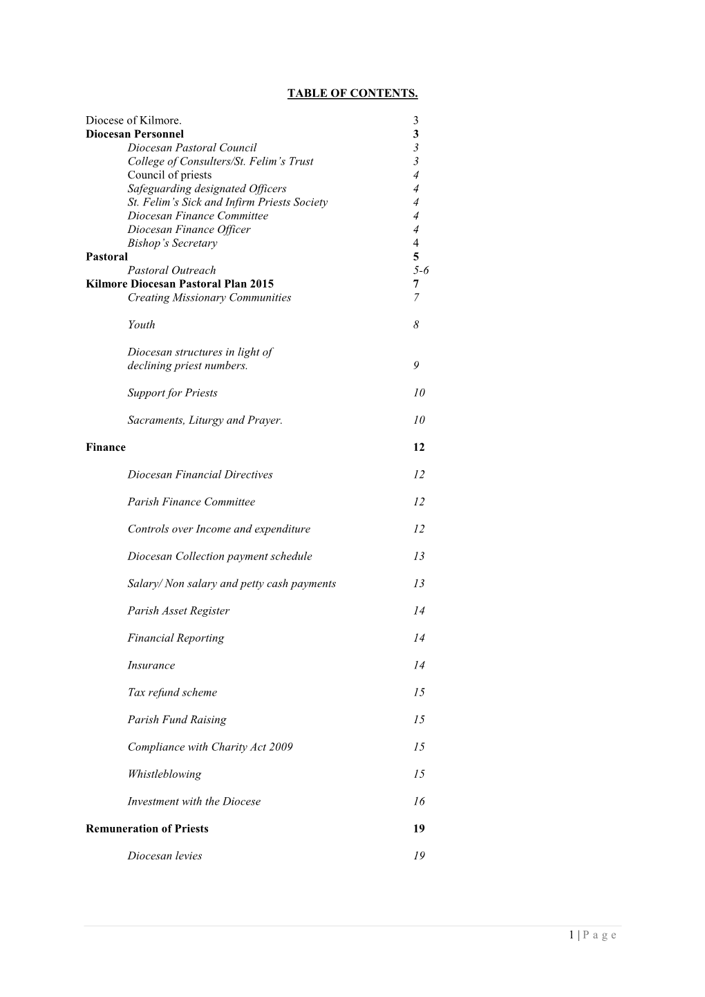 Page TABLE of CONTENTS. Diocese of Kilmore. 3 Diocesan Personnel