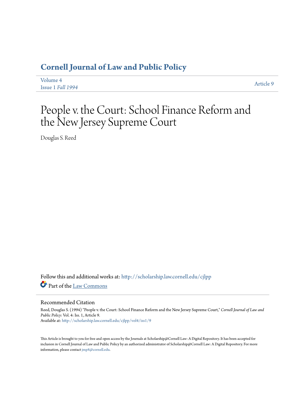 School Finance Reform and the New Jersey Supreme Court Douglas S