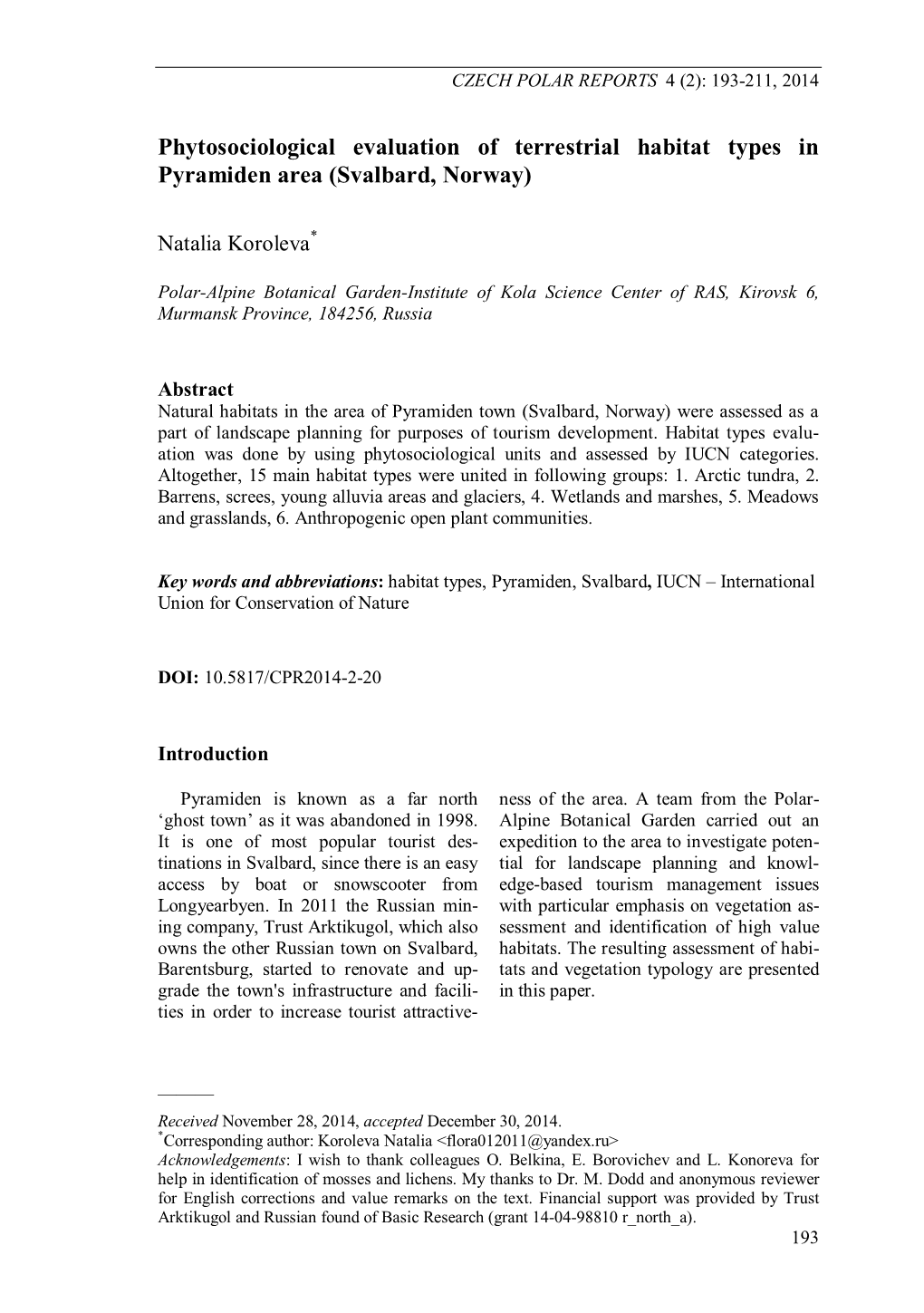 Phytosociological Evaluation of Terrestrial Habitat Types in Pyramiden Area (Svalbard, Norway)