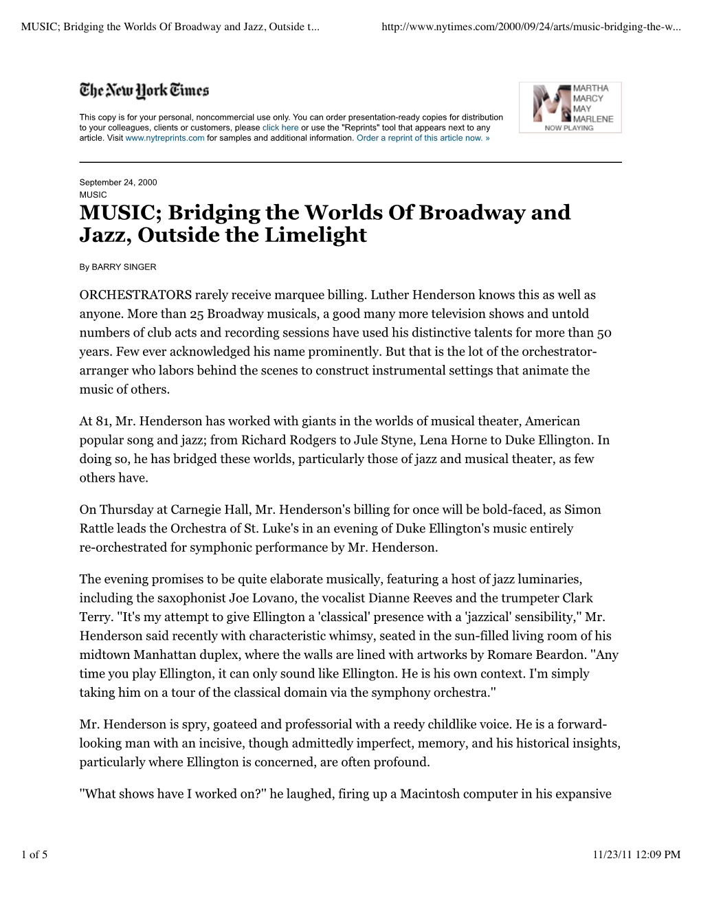 Bridging the Worlds of Broadway and Jazz, Outside the Limelight