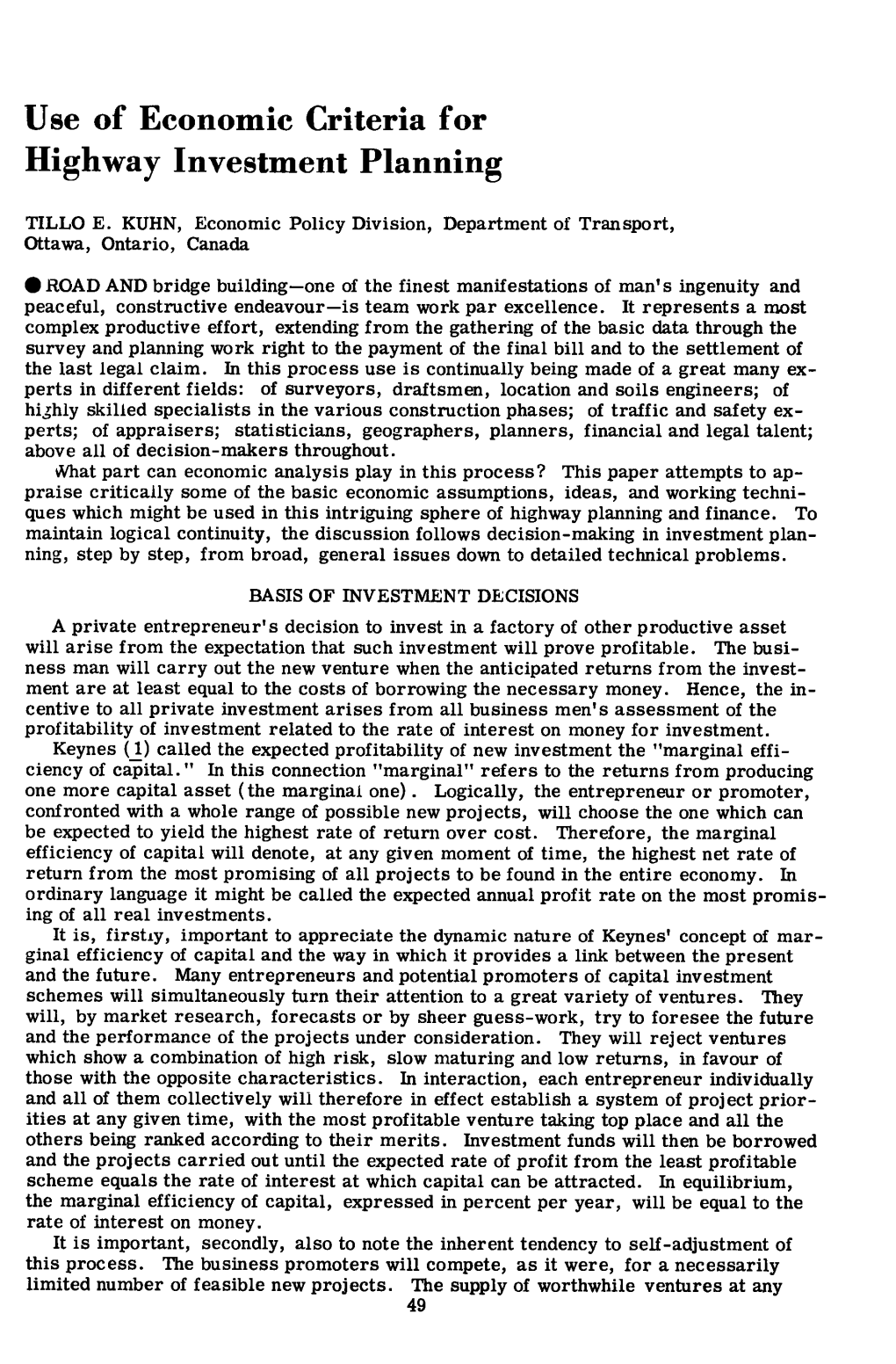 Use of Economic Criteria for Highway Investment Planning