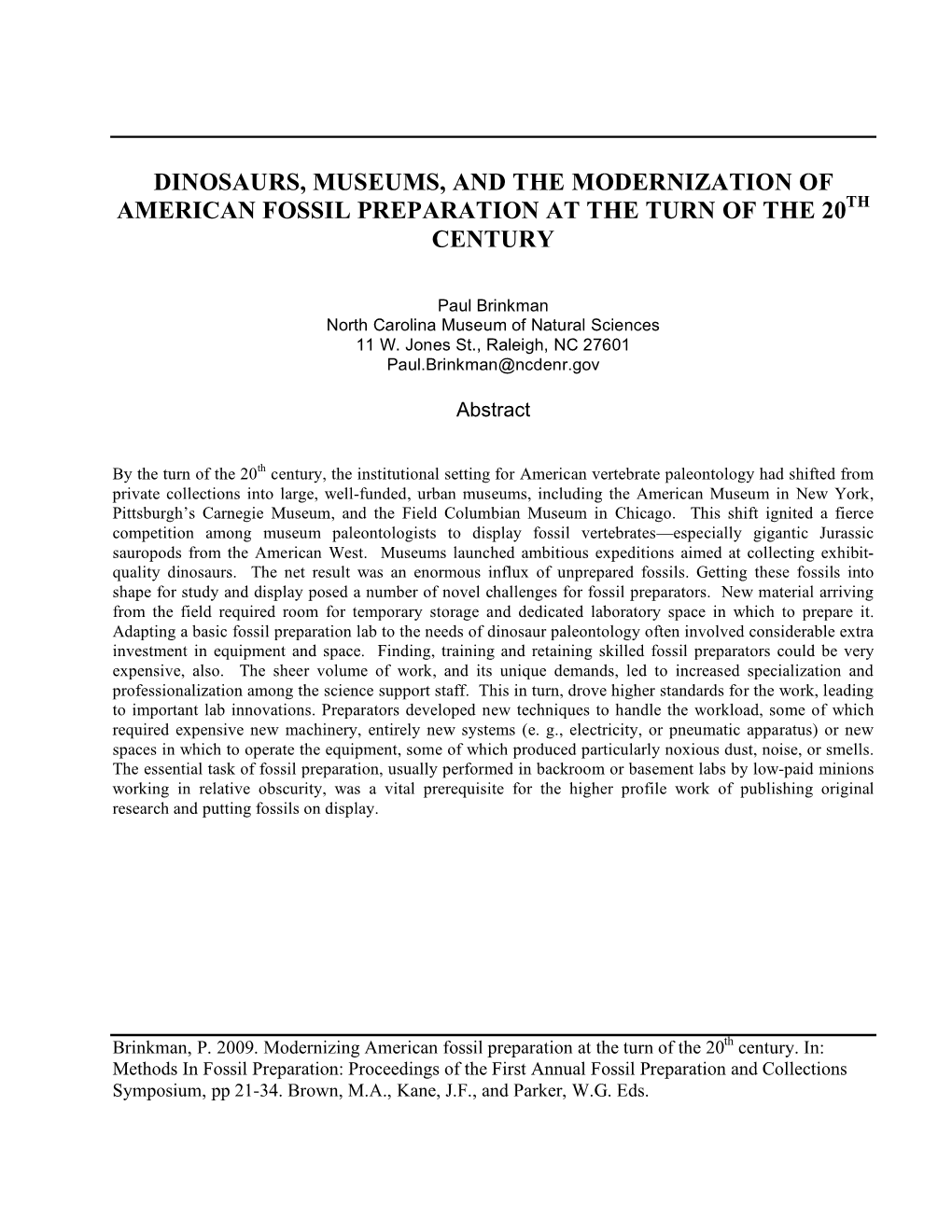 Dinosaurs, Museums, and the Modernization of American Fossil Preparation at the Turn of the 20Th Century