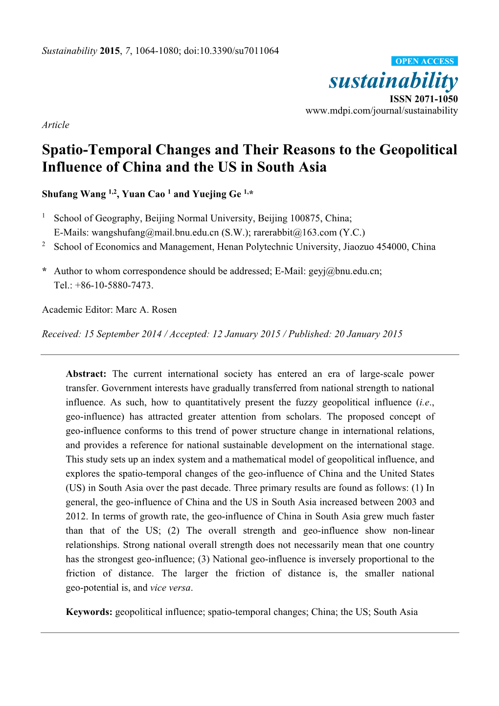 Spatio-Temporal Changes and Their Reasons to the Geopolitical Influence of China and the US in South Asia