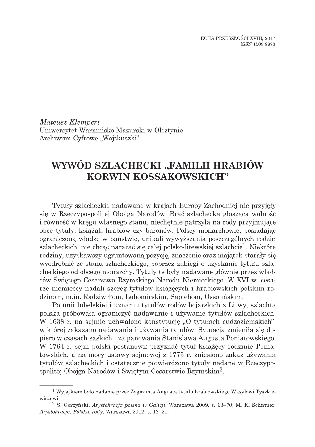 Wywód Szlachecki „Familii Hrabiów Korwin Kossakowskich”