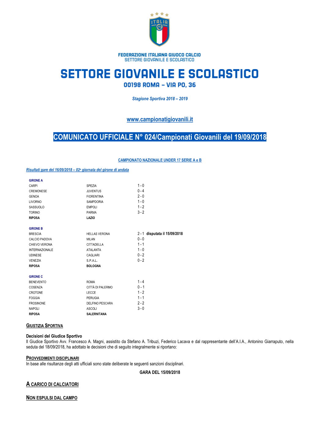 COMUNICATO UFFICIALE N° 024/Campionati Giovanili Del 19/09/2018