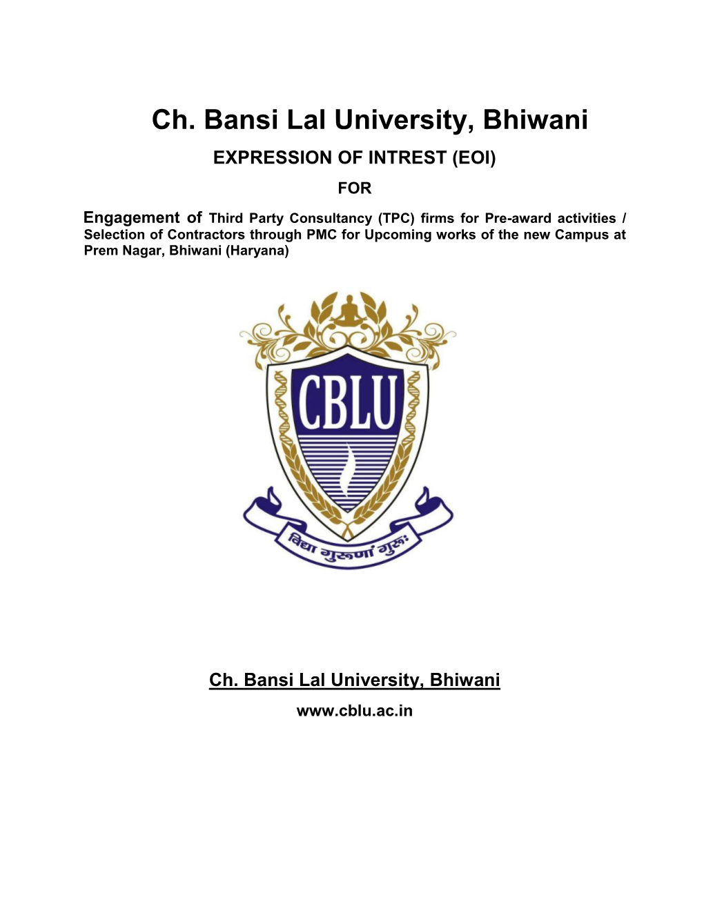 Ch. Bansi Lal University, Bhiwani EXPRESSION of INTREST (EOI) FOR