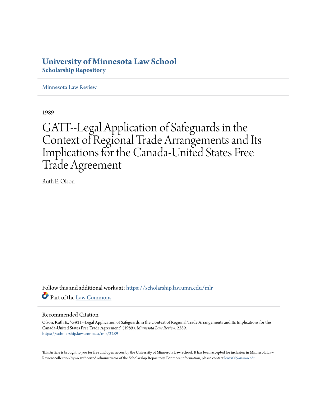 Legal Application of Safeguards in the Context of Regional Trade Arrangements and Its Implications for the Canada-United States Free Trade Agreement Ruth E