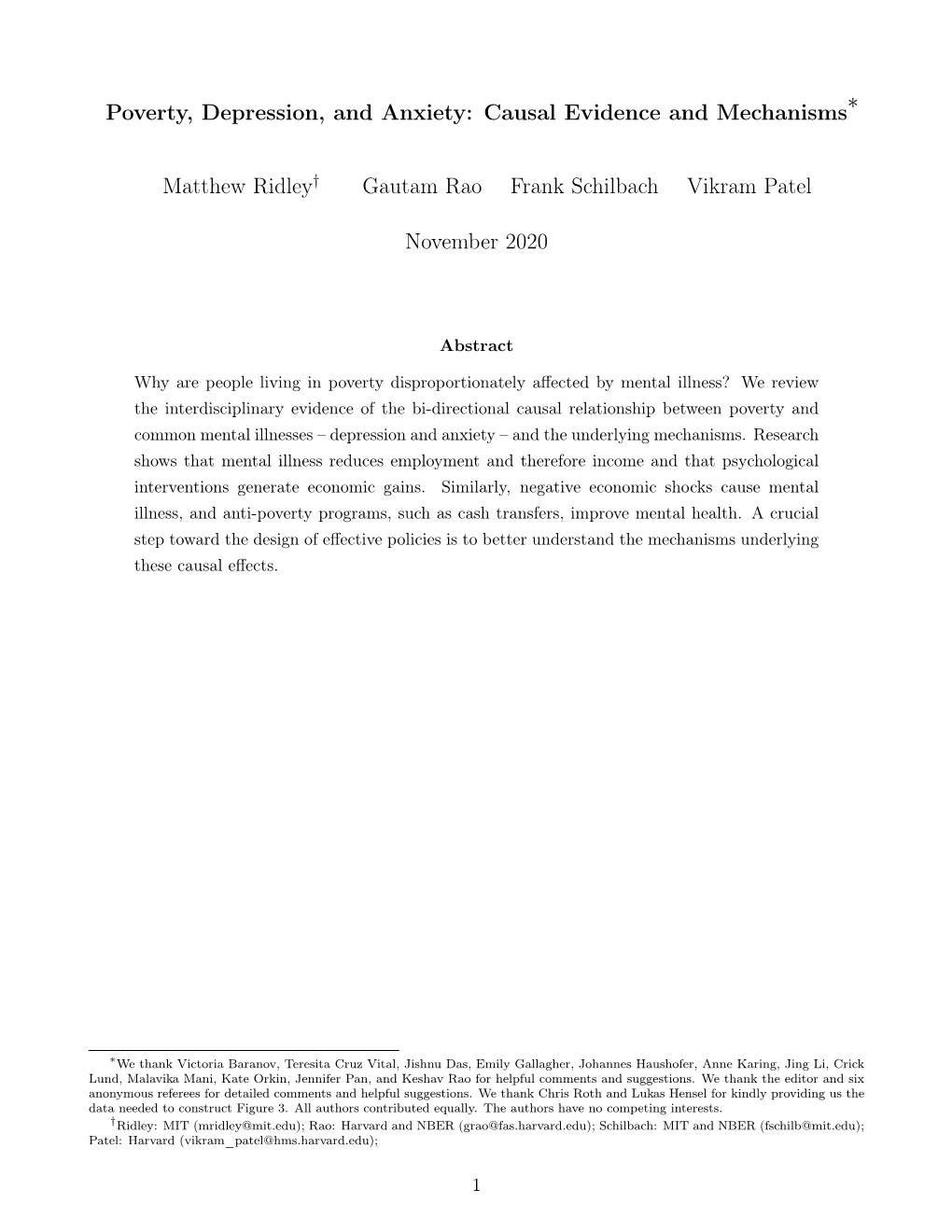 Poverty, Depression, and Anxiety: Causal Evidence and Mechanisms