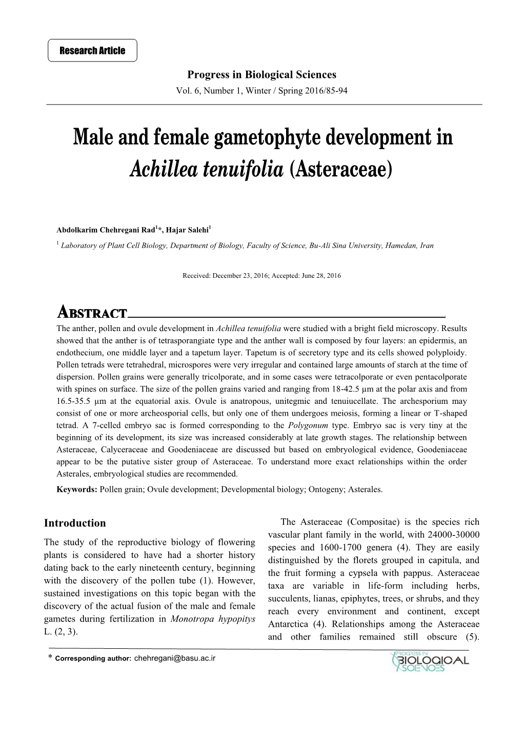 Male and Female Gametophyte Development in Achillea Tenuifolia (Asteraceae)