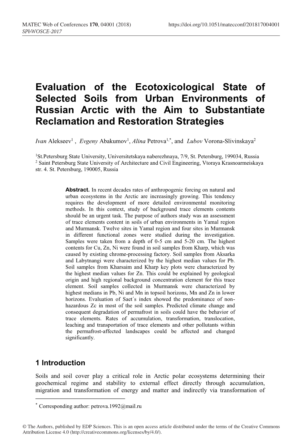 Evaluation of the Ecotoxicological State of Selected Soils from Urban