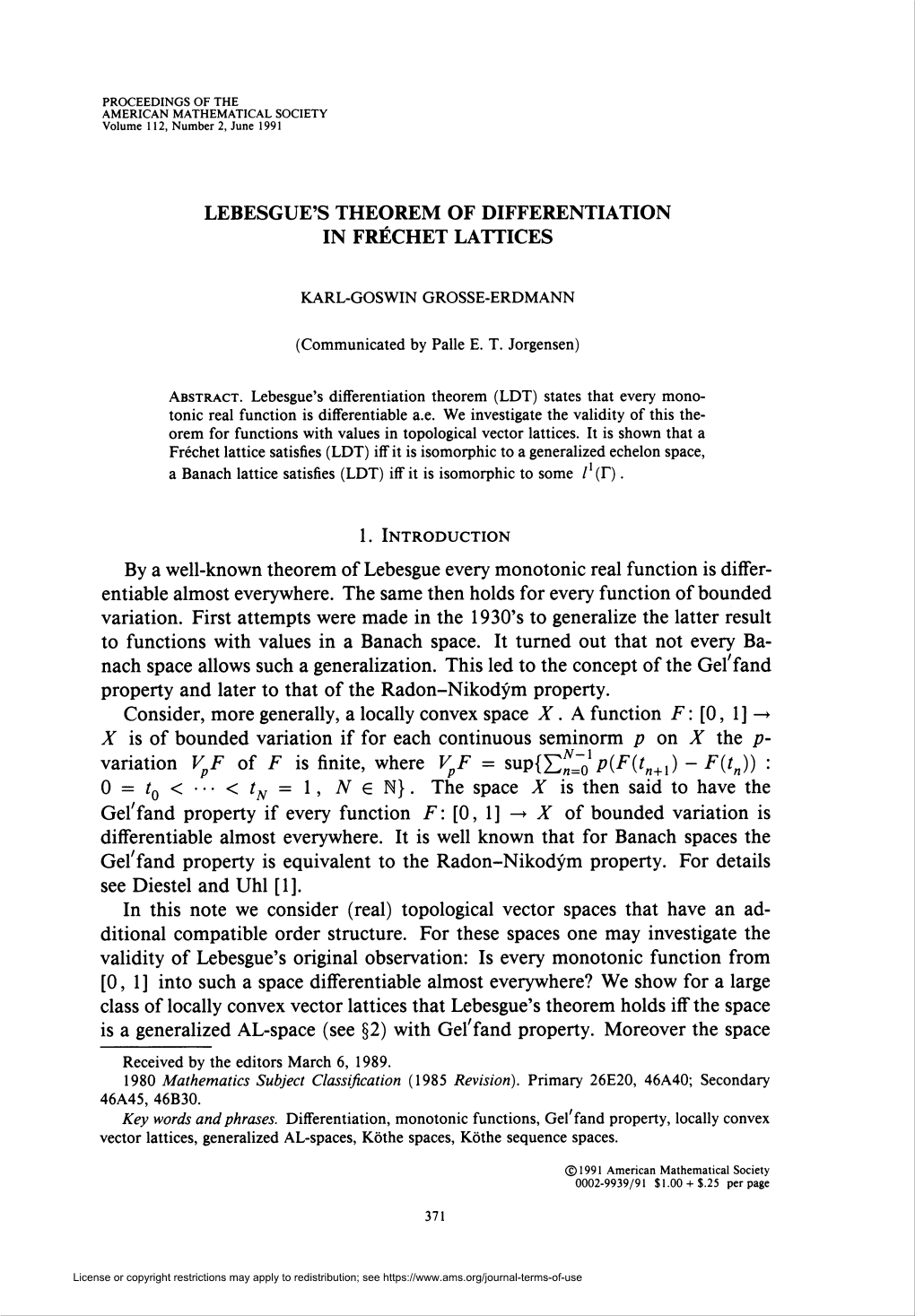 Lebesgue's Theorem of Differentiation in Fréchet Lattices