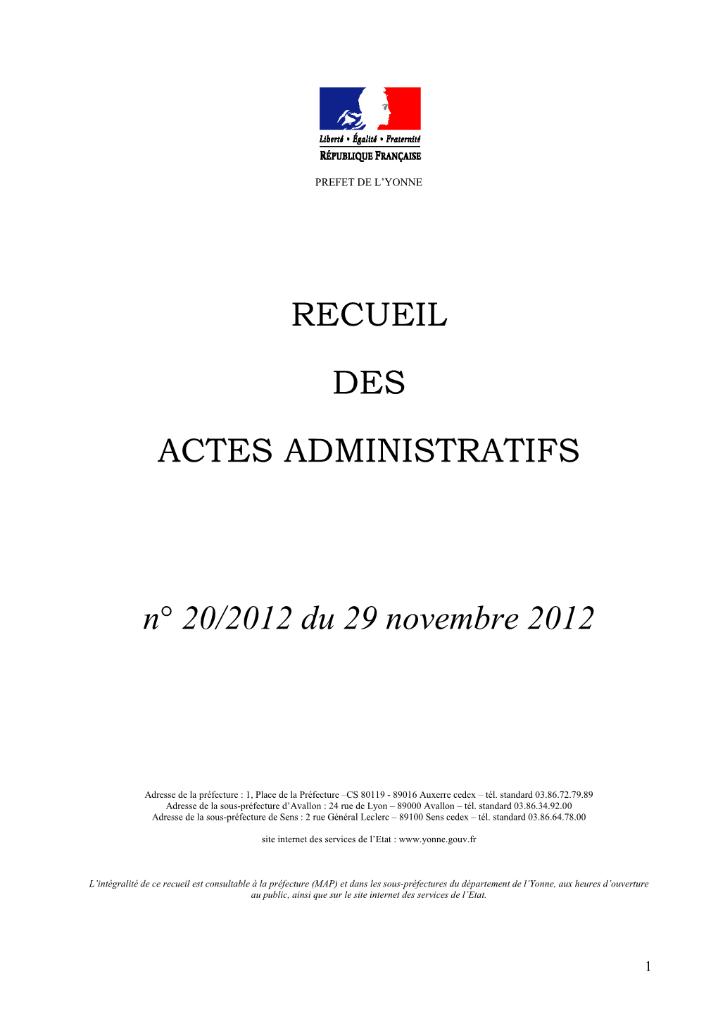 Recueil N°20 Du 29 Novembre 2012