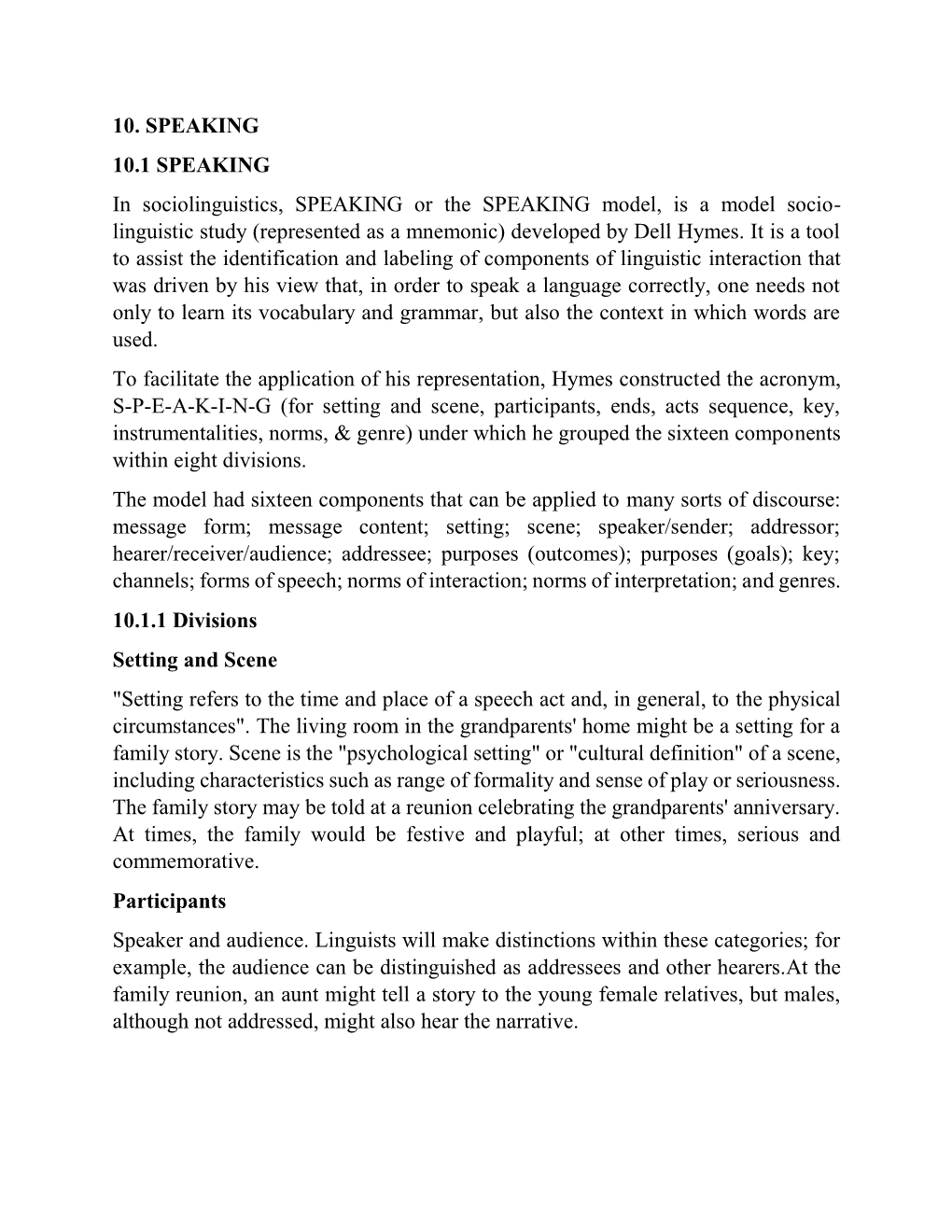 10. SPEAKING 10.1 SPEAKING in Sociolinguistics, SPEAKING Or the SPEAKING Model, Is a Model Socio- Linguistic Study (Represented As a Mnemonic) Developed by Dell Hymes