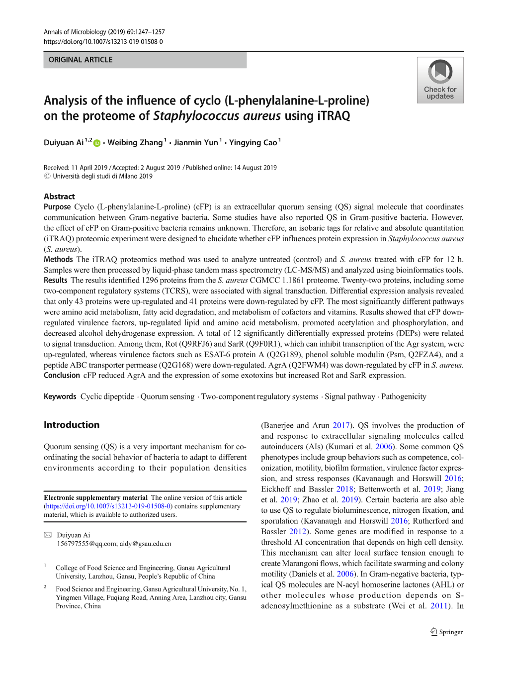 L-Phenylalanine-L-Proline) on the Proteome of Staphylococcus Aureus Using Itraq