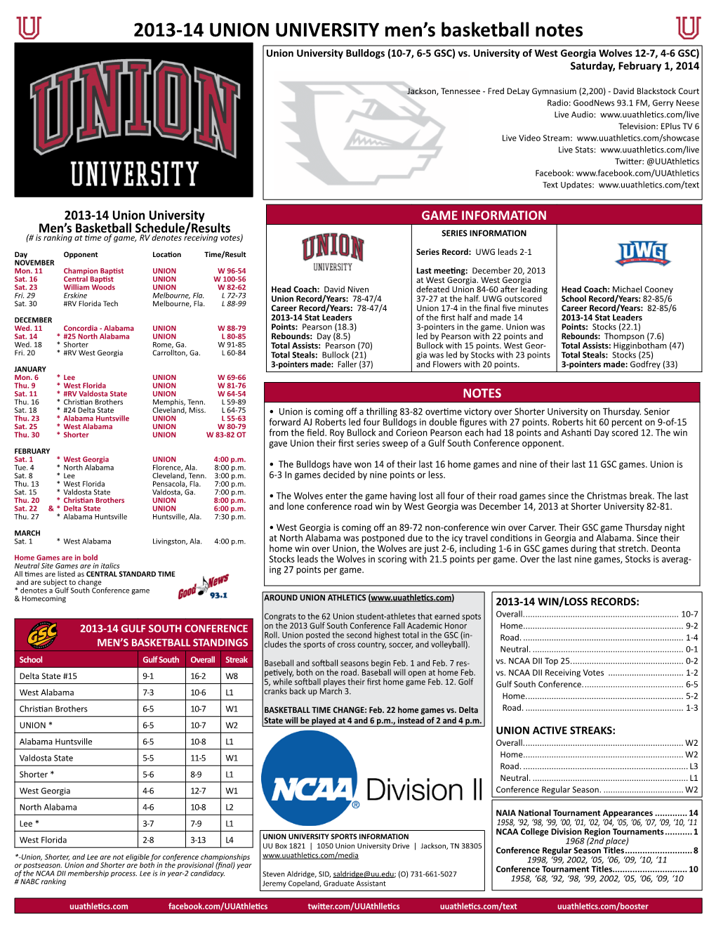 2013-14 UNION UNIVERSITY Men's Basketball Notes