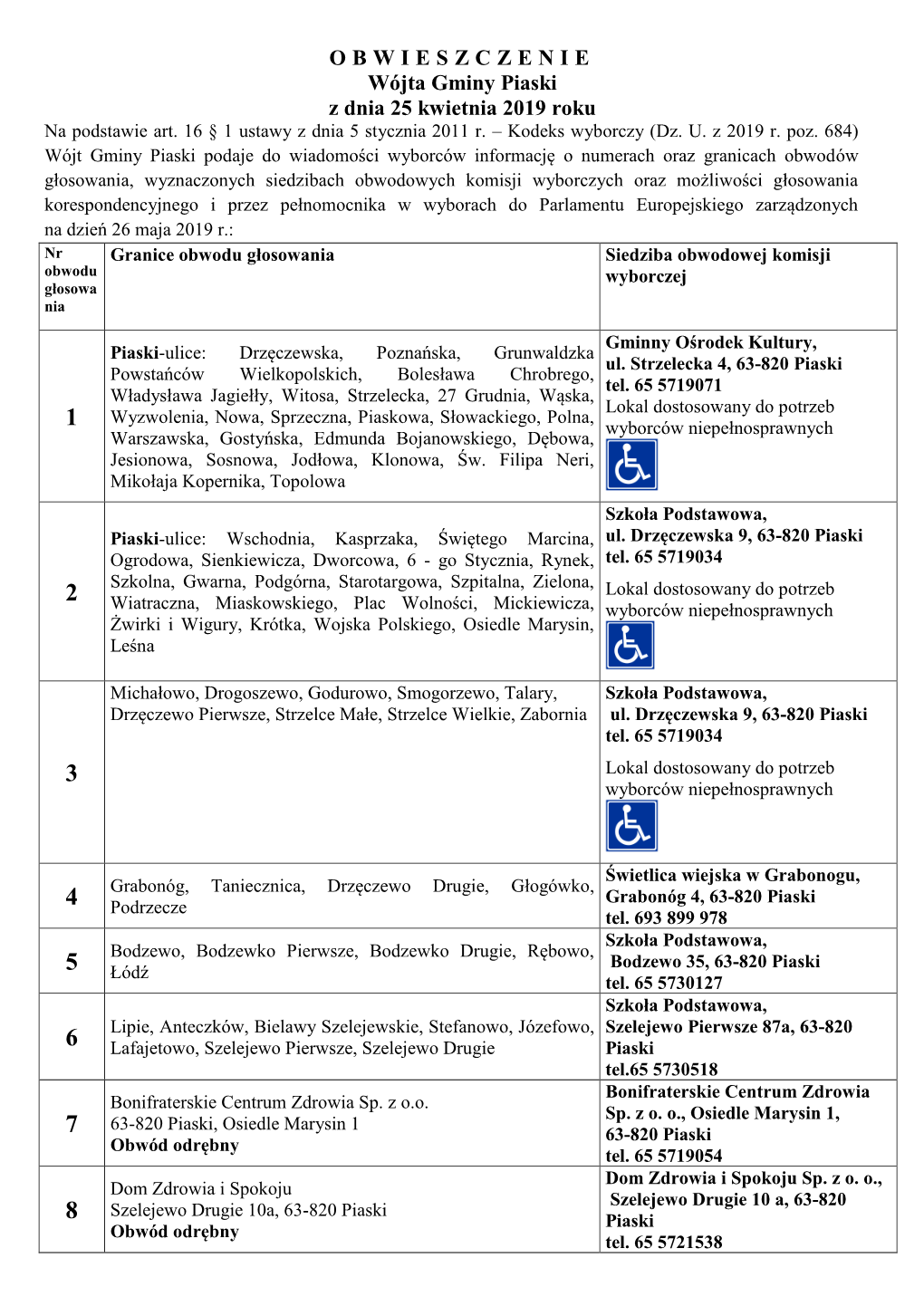 OBWIESZCZENIE Wójta Gminy Piaski Z Dnia 25 Kwietnia 2019 Roku Na Podstawie Art