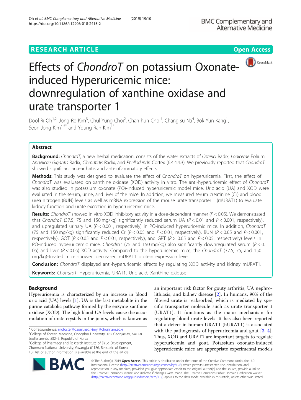 Effects of Chondrot on Potassium Oxonate-Induced Hyperuricemic Mice