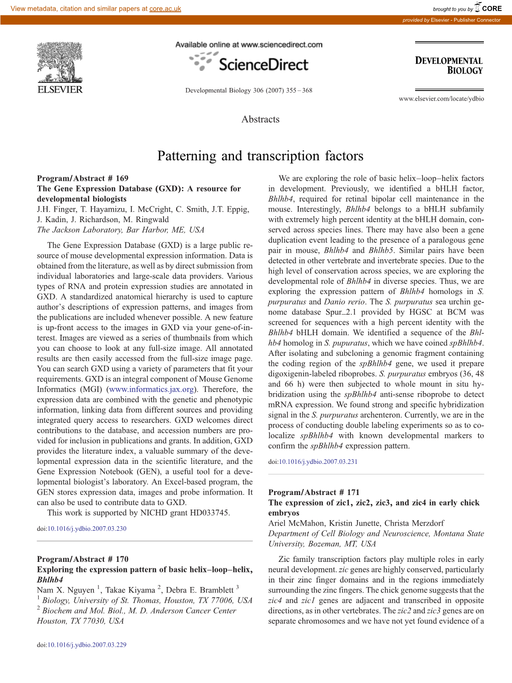 Patterning and Transcription Factors