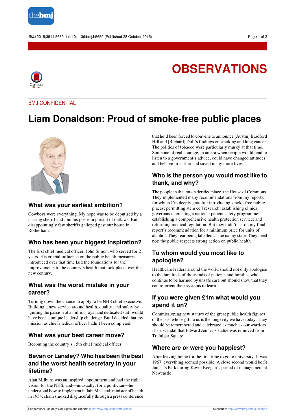 Liam Donaldson: Proud of Smoke-Free Public Places