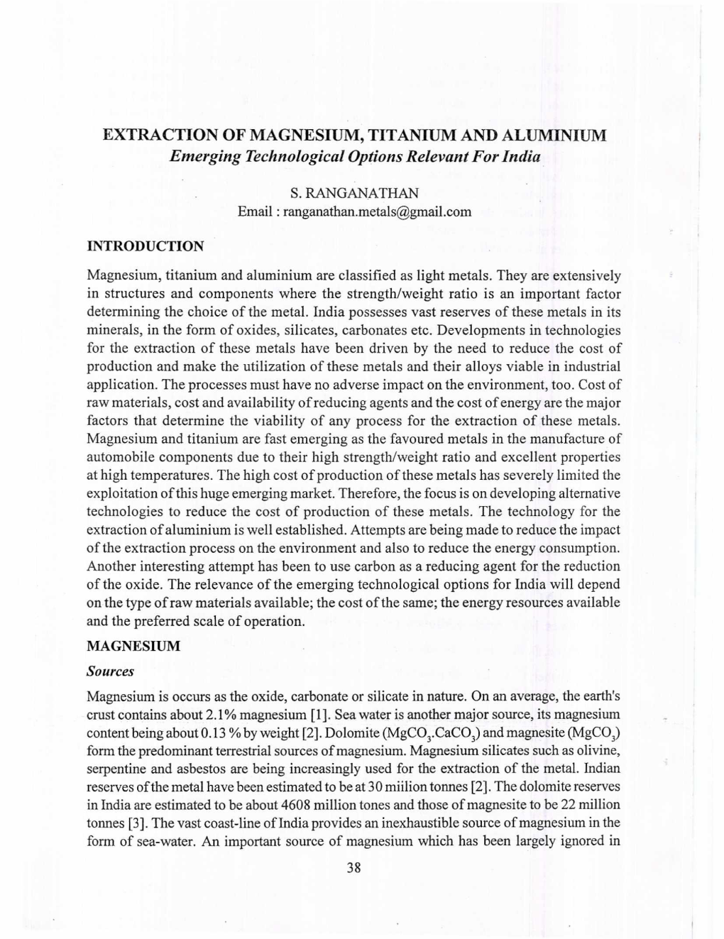 EXTRACTION of MAGNESIUM, TITANIUM and ALUMINIUM Emerging Technological Options Relevant for India