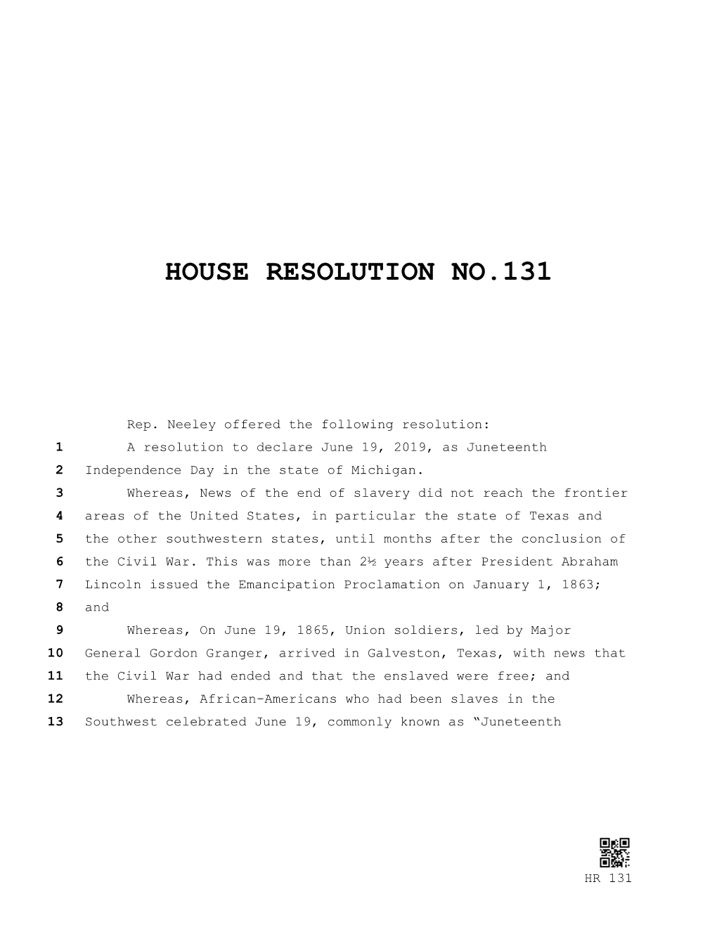 House Resolution No.131
