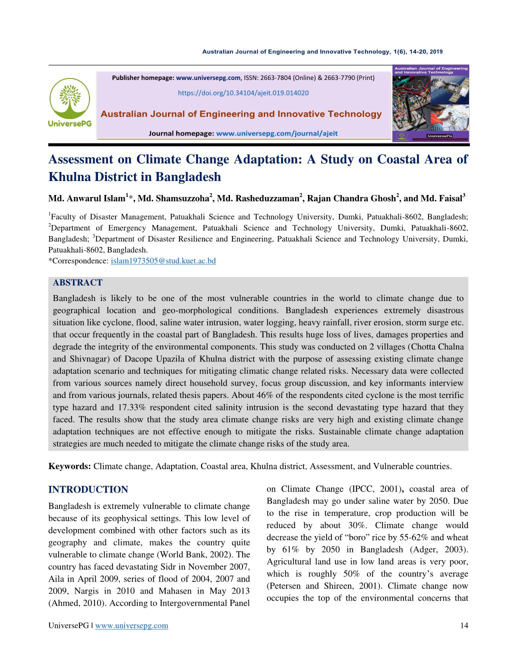 Assessment on Climate Change Adaptation: a Study on Coastal Area of Khulna District in Bangladesh