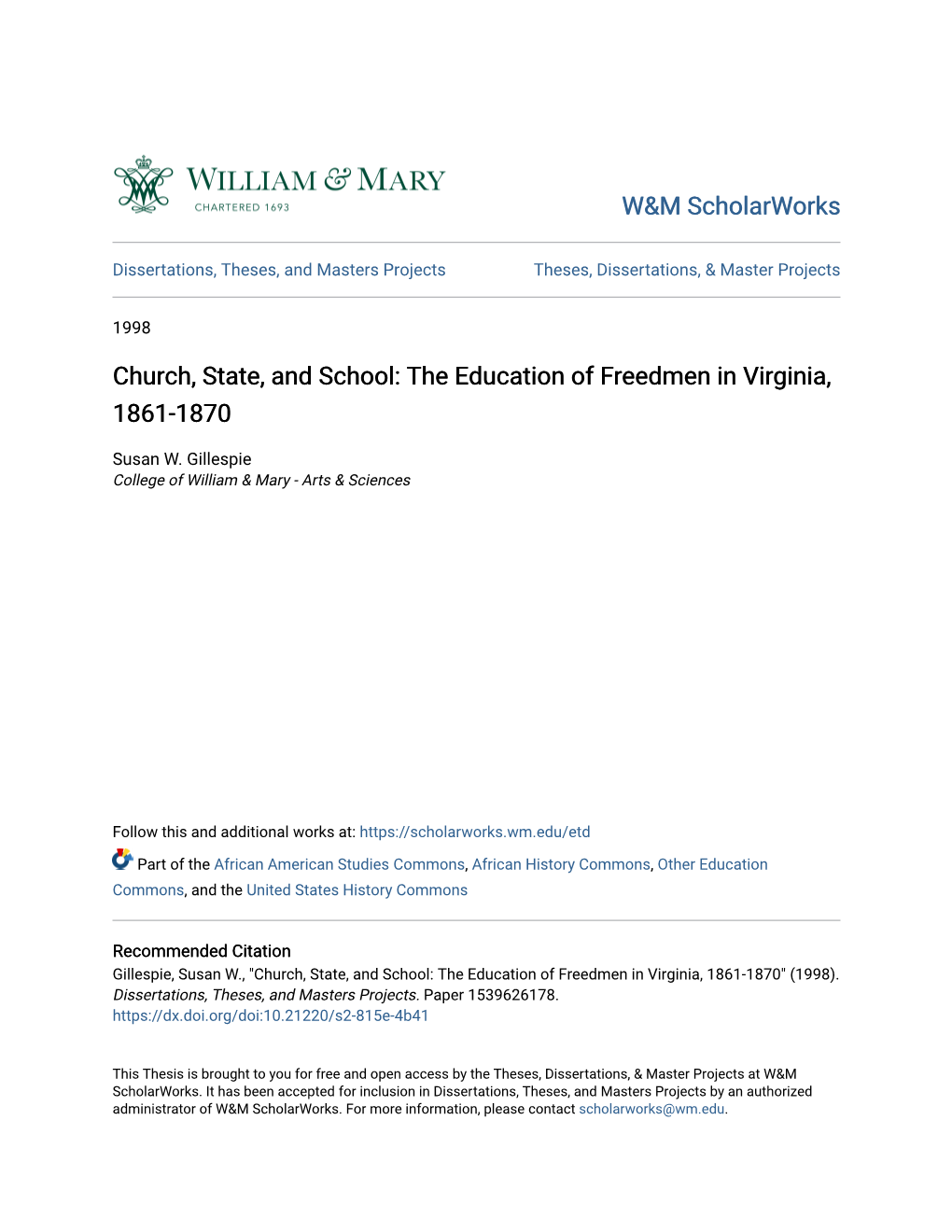 The Education of Freedmen in Virginia, 1861-1870