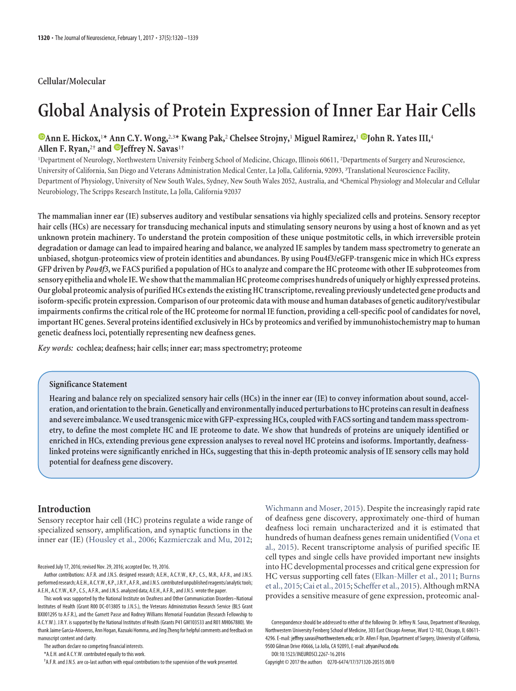 Global Analysis of Protein Expression of Inner Ear Hair Cells